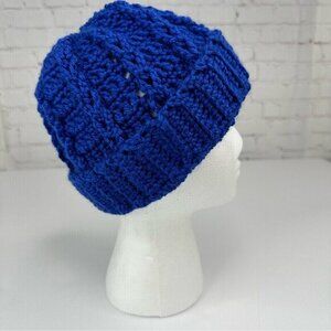 Handmade Royal Blue Crochet Beanie Cable Knit‎ Ribbed Cuff Winter Hat Women NEW
